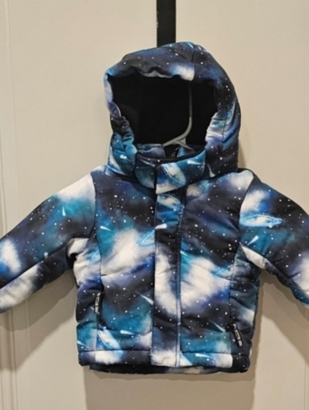 Falls Creek Kids Hooded Puffer Jacket in Blue and White Galaxy Print